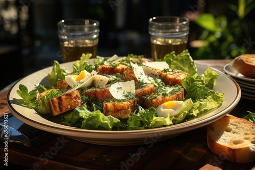 Classic Caesar Salad on a ceramic plate in an elegant dining environment.  generative IA