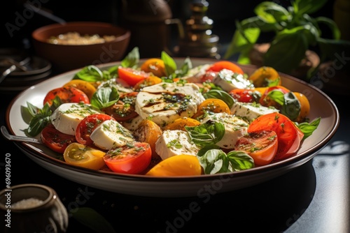 Caprese salad with fresh basil on a porcelain plate in a European coffee., generative IA