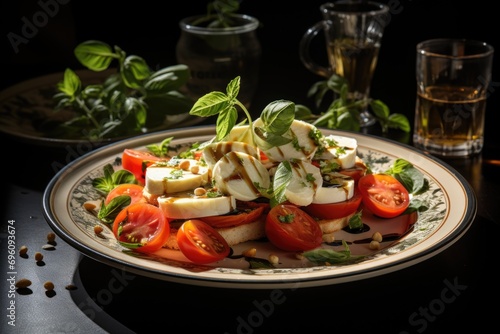 Caprese salad with fresh basil on a porcelain plate in a European coffee.  generative IA
