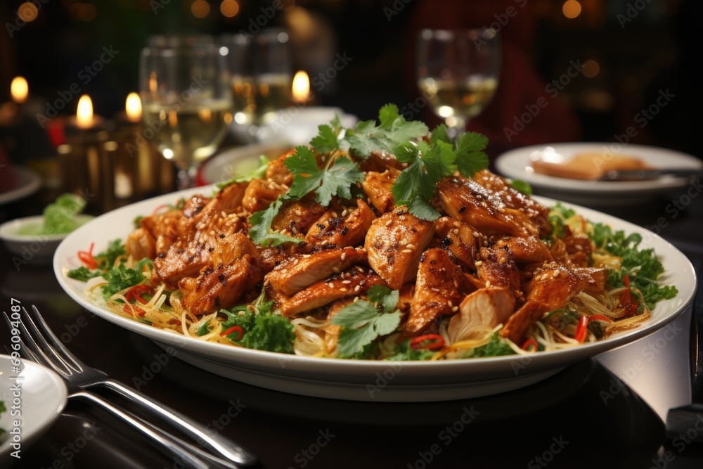 Asian chicken salad in a restaurant with oriental decoration., generative IA