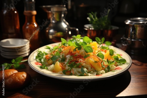 Grated carrot salad on a porcelain plate in a bright kitchen., generative IA