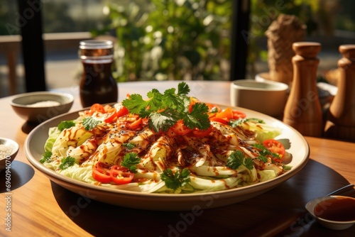 Cabbage salad with sesame sauce on a wooden plate on a balcony., generative IA