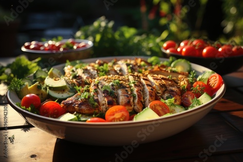 Grilled chicken salad with fresh vegetables served in a sunny garden., generative IA