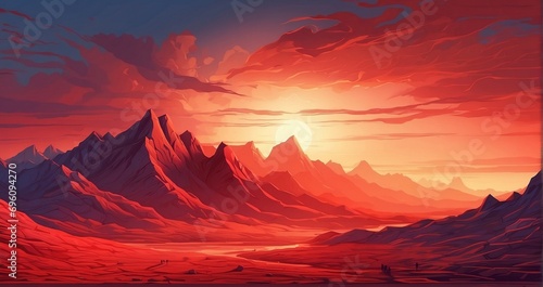 In the depths of the desert, the last energy of the red sun, illuminating the mountain range in the desert in shades of red. Illustration, -Generative Ai