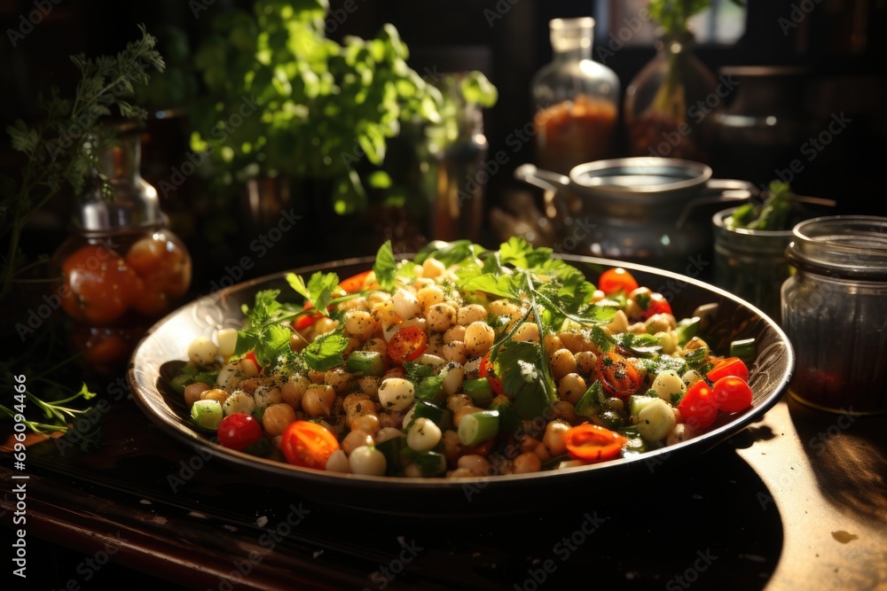 Chickpea salad with fresh vegetables in a metal bowl in a vintage kitchen., generative IA