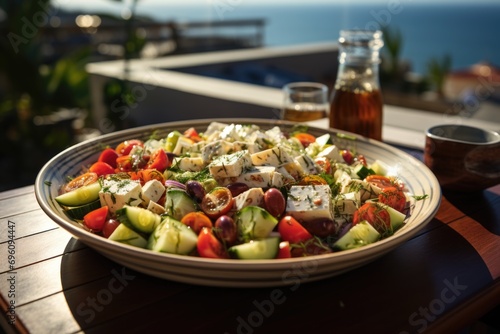 Greek salad with cucumber and olives on a balcony overlooking the sea., generative IA