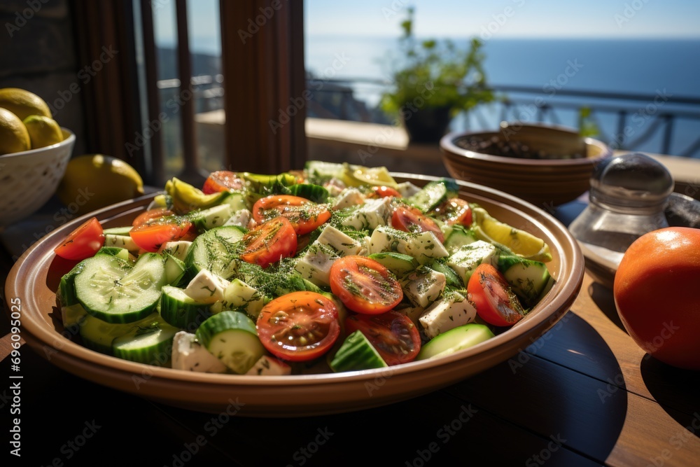 Greek salad with cucumber and olives on a balcony overlooking the sea., generative IA