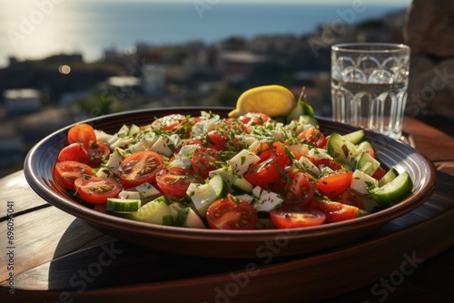 Greek salad with cucumber and olives on a balcony overlooking the sea.  generative IA