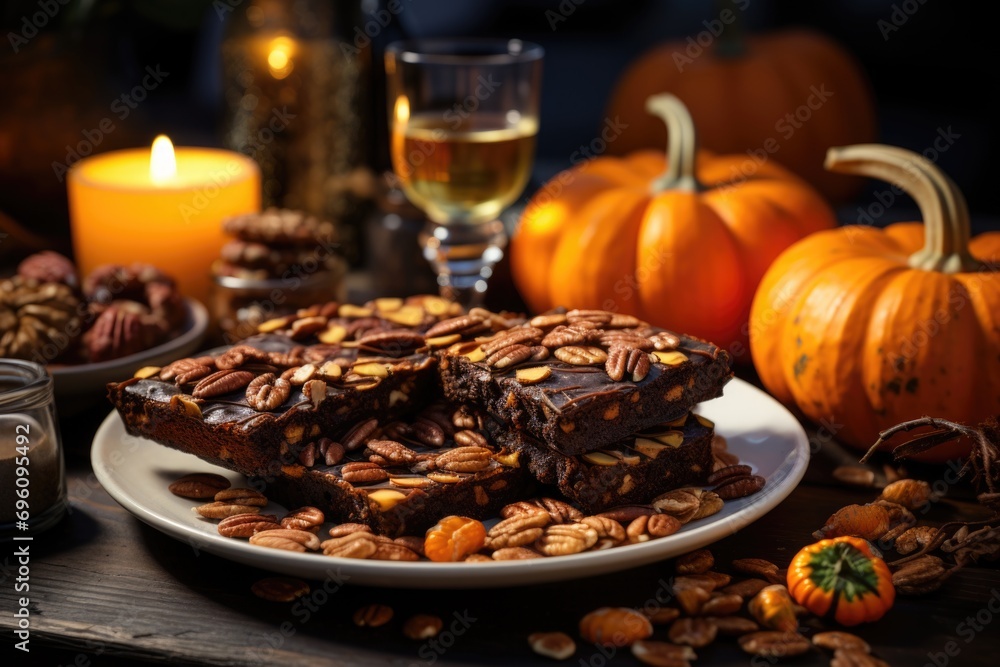 Pumpkin brownie at a picnic table, surrounded by decorative pumpkins., generative IA
