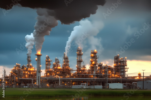 Oil refinery plant. Processing factory. Oil crude and gas refineries. Louisiana petrochemical plant Smoking chimneys. Toxic Smoke, Air Pollution, CO2 Crisis. Carbon dioxide emissions. Carbide plant.