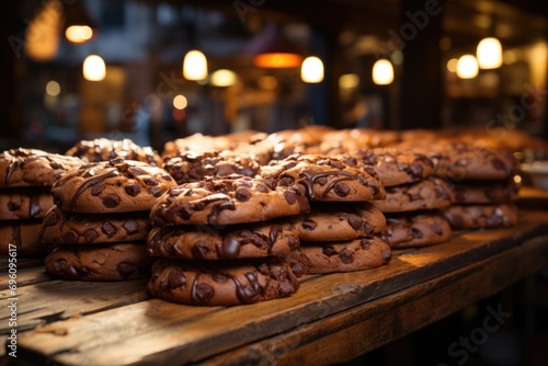 Almond brownie in a rustic bakery with worn wood tables., generative IA