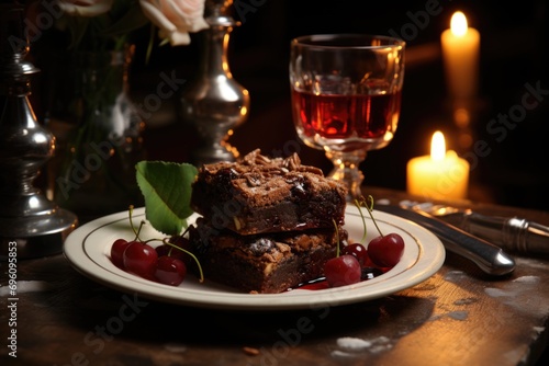 Cherry brownie on a silver plate under candlelight at a romantic dinner.  generative IA