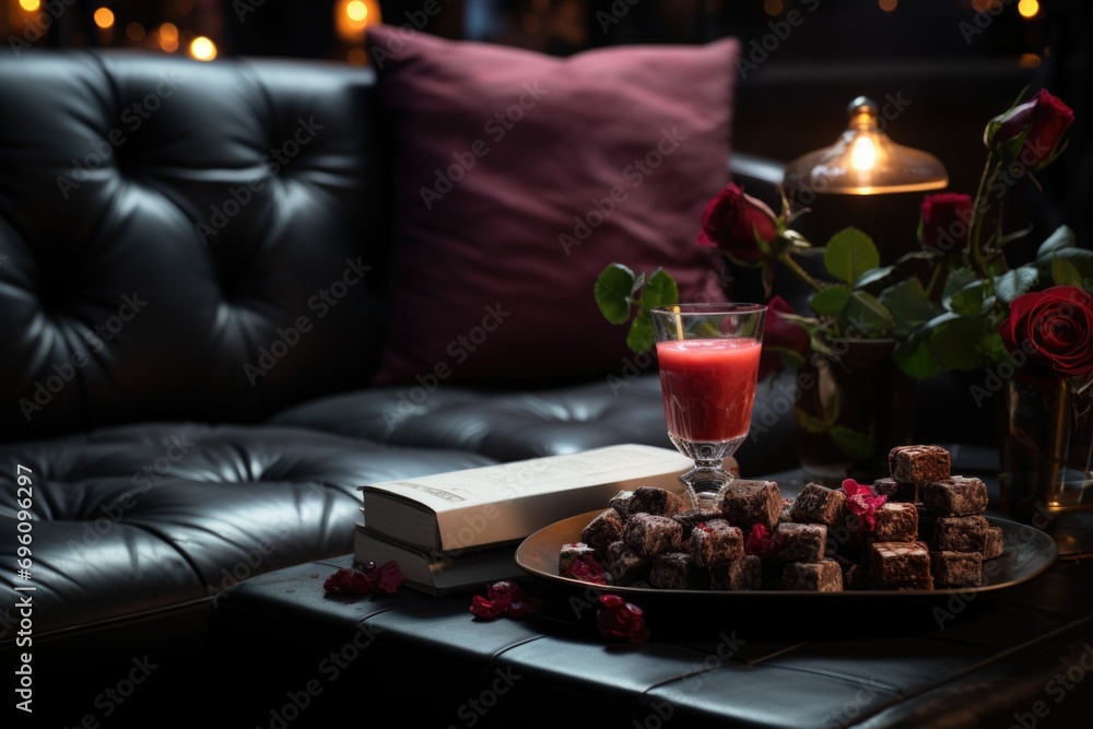 Raspberry brownie in a cozy coffee with leather armchairs., generative IA