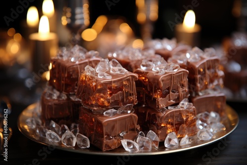 Figus brownie on a silver plate under crystal chandeliers in an elegant celebration.  generative IA