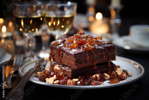 Figus brownie on a silver plate under crystal chandeliers in an elegant celebration., generative IA photo