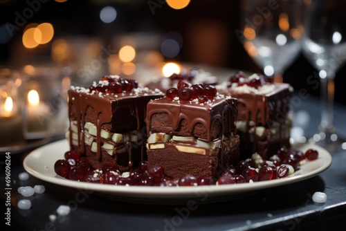 Figus brownie on a silver plate under crystal chandeliers in an elegant celebration., generative IA