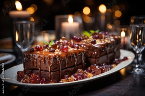 Figus brownie on a silver plate under crystal chandeliers in an elegant celebration., generative IA photo