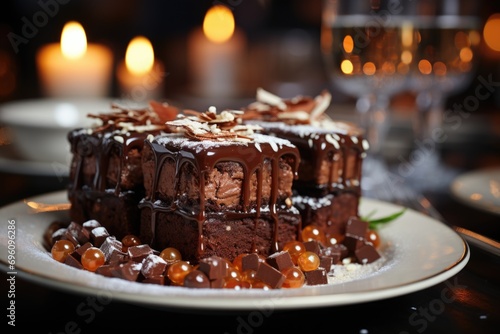 Figus brownie on a silver plate under crystal chandeliers in an elegant celebration., generative IA