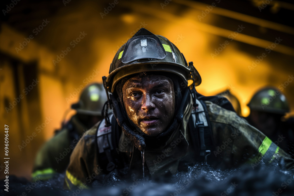 Firefighter in uniform close-up, fire in the background