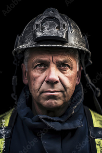 Close-up of a fireman or rescuer, a man about 45 years old