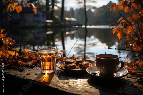 A bite in an orange brownie, in a coffee by a quiet lake., generative IA