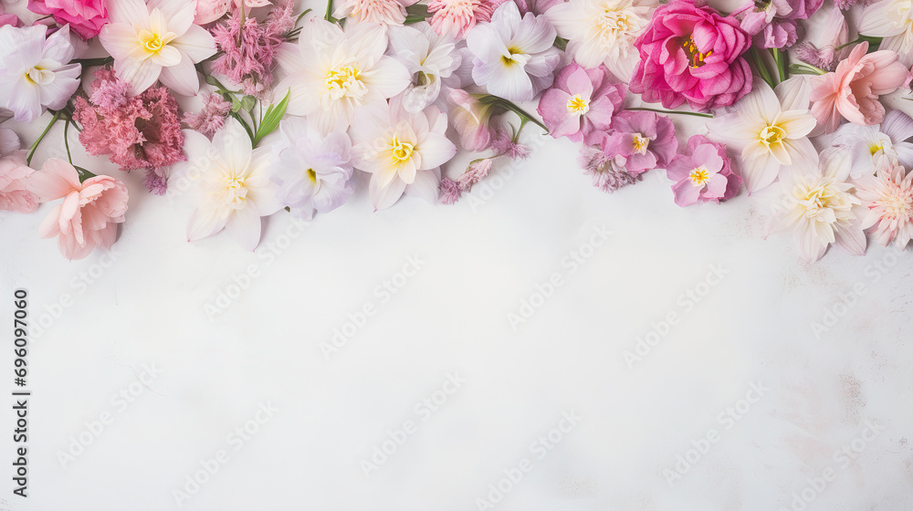 Flat lay of spring flowers on white background with copy space Flat lay of spring flowers on white background with copy space
