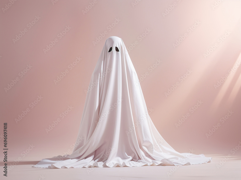 Spectral Whimsy A White Ghost Sheet Costume Against a Pastel Pink Backdrop Spectral Whimsy A White Ghost Sheet Costume Against a Pastel Pink Backdrop