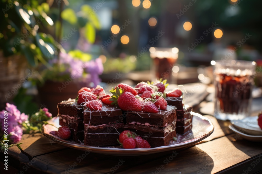 Strawberry brownie at a garden party, with lanterns hanging from the trees., generative IA