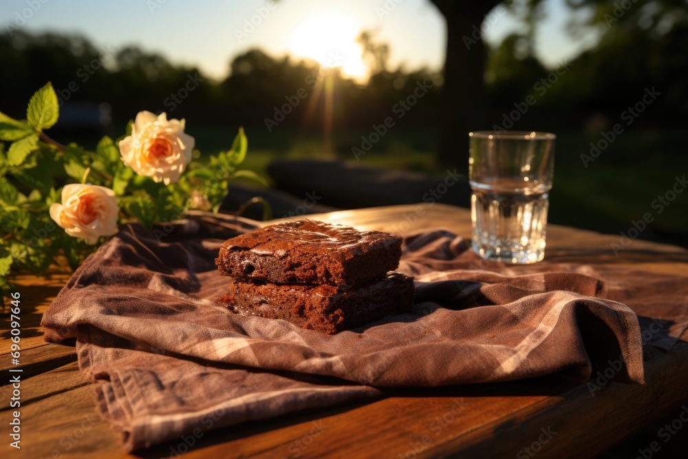 Peach brownie at a picnic table with chess towel., generative IA