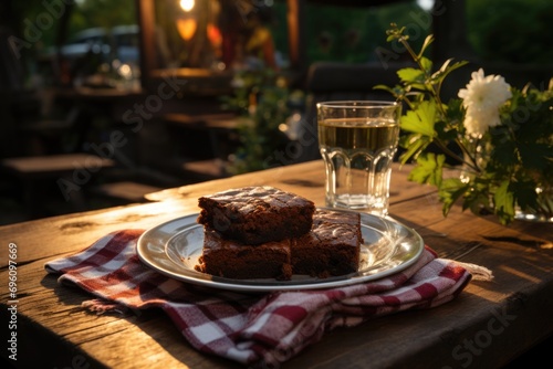 Peach brownie at a picnic table with chess towel., generative IA