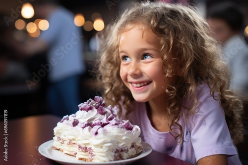 A slice of blackberry  decorated with whipped cream at a birthday party.  generative IA