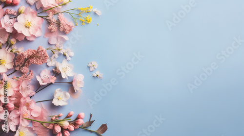 Flat lay of spring flowers on blue background with copy space