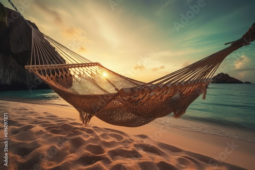 Hammock on exotic beach with sunrise scenery. Leisure summer vacation comfort hanging bed. Generate ai