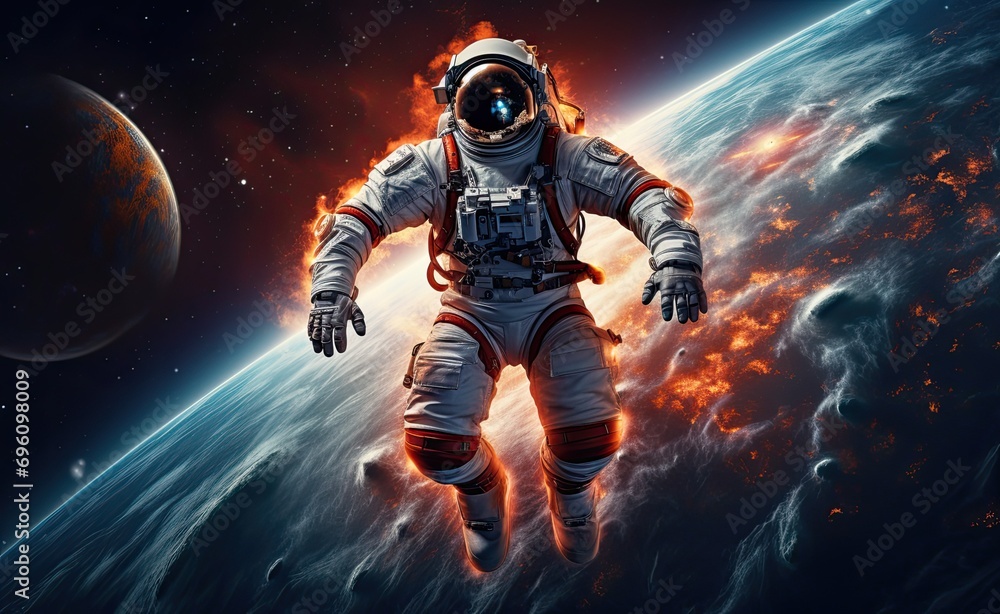 Spaceman flying in outer space with planets around him