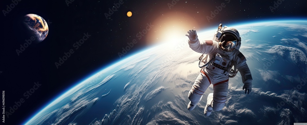Astronaut flying over the stars and the planet earth