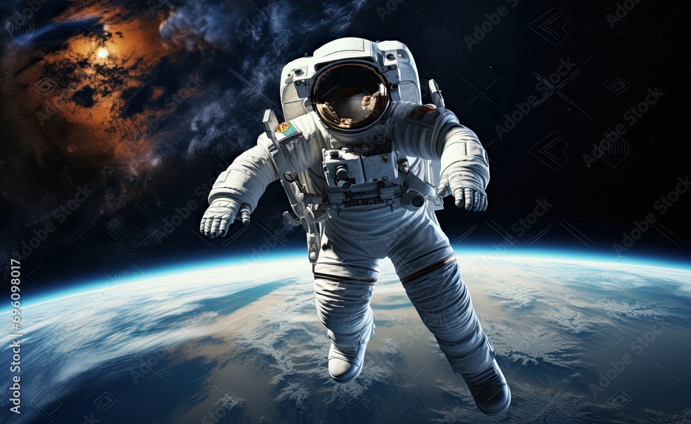 Astronaut flying over the stars and the planet earth Astronaut flying over the stars and the planet earth