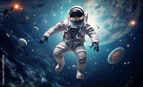 Spaceman flying in outer space with planets around him