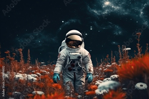 Woman astronaut dressed in a spacesuit stands along a moonlit field photo