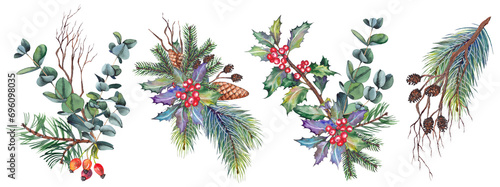 Christmas bouquets with green fir branches, eucalyptus and red holly berries. Isolated watercolor illustration.