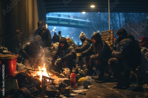 Group of homeless people warming themselves by a fire, winter underpass at night.