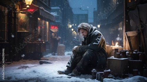 A homeless man sits thoughtfully in the snow, surrounded by nighttime city lights.
