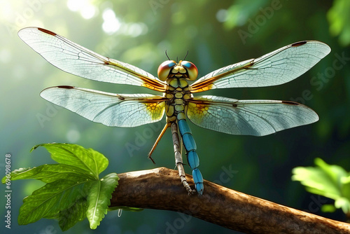 AI-generated illustration: a dragonfly perched on a branch with its wings spread out.