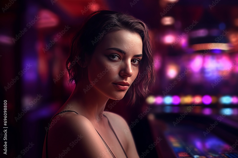 Female spectator on illuminated games club interior. Stylish gambling woman viewer betting game. Generate ai