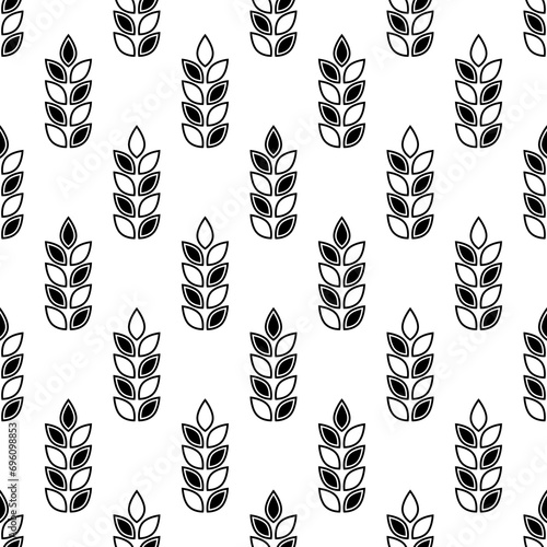 Wheat seamless pattern. Repeating black grain wheats on white background. Repeated flour patterns. Spike corn. Texture bakery. Repeat beer ear. Design for bread cereal prints. Vector illustration