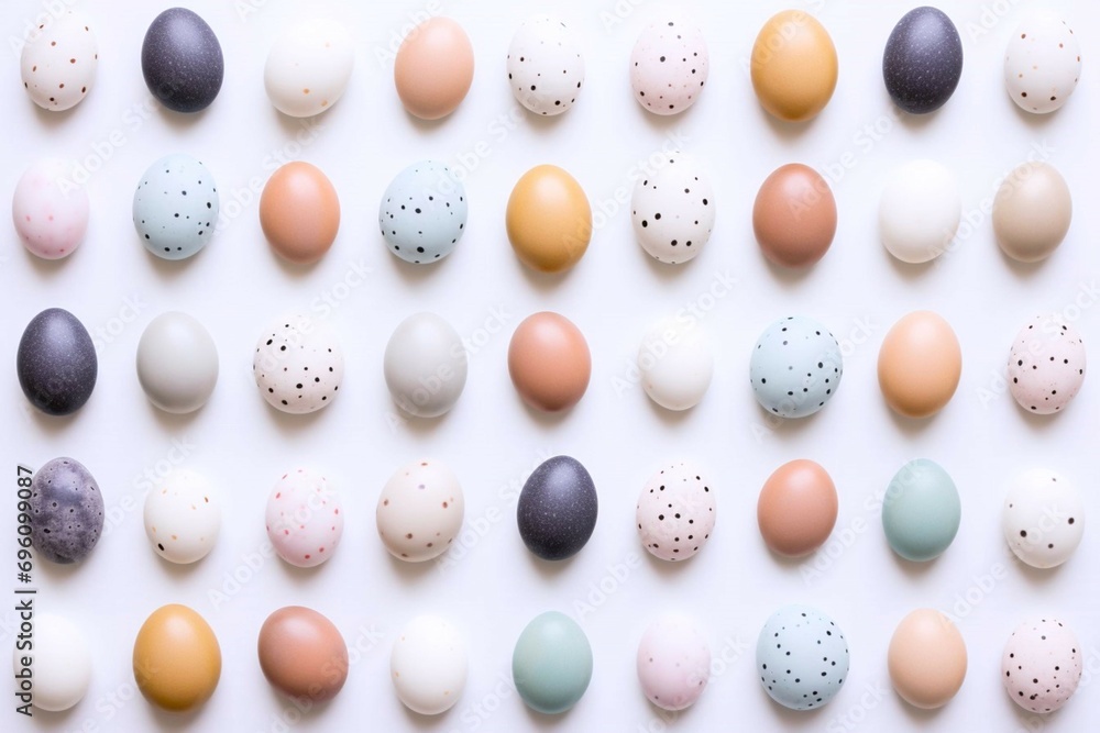 Easter eggs in different colors on white background. Easter background with a lot of eggs. Banner, poster, card, postcard, wall paper. Eggs lay out in pastel colors on white backdrop.