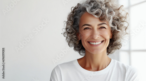 Cheerful senior woman in a light  airy room  her smile warm and welcoming. Her silver curls and youthful style speak of timeless elegance