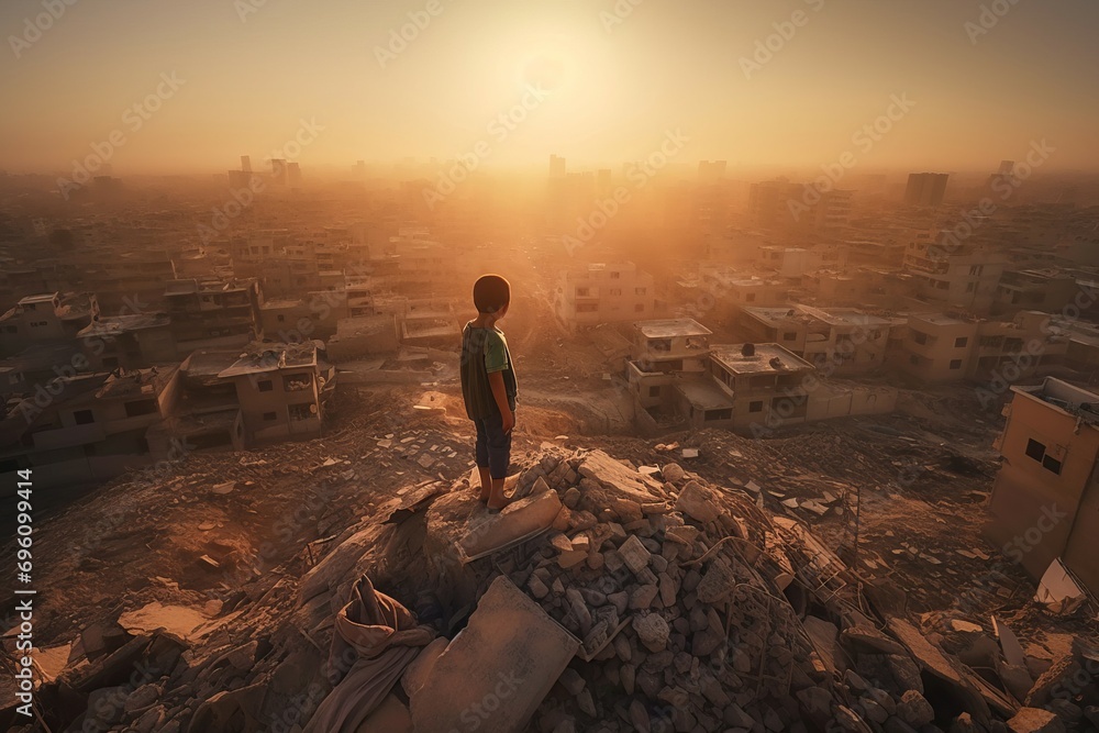 Kid standing on top of huge ruins pile. Demolished building waste children victim. Generate ai