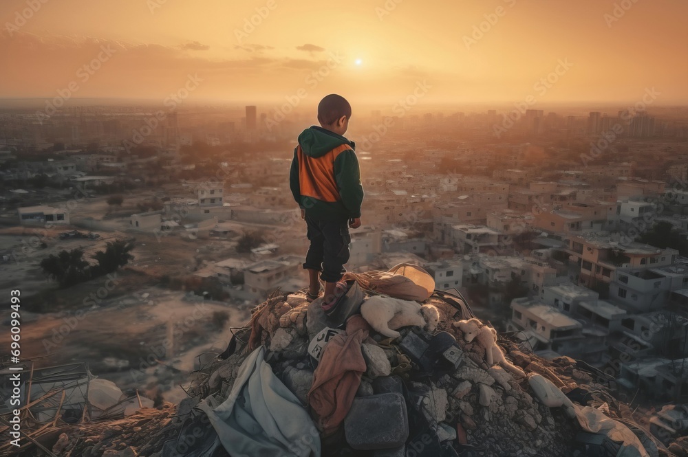 Kid survival standing on top of huge buildings waste pile. Earthquake disaster destroyed city infrastructure. Generate ai