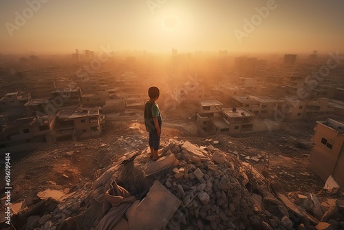 Kid standing on top of huge ruins pile. Demolished building waste children victim. Generate ai