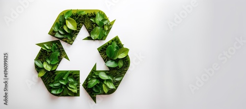 Generative AI, A recycling green sign made of wood and leaves, zero waste, reuse concept.
